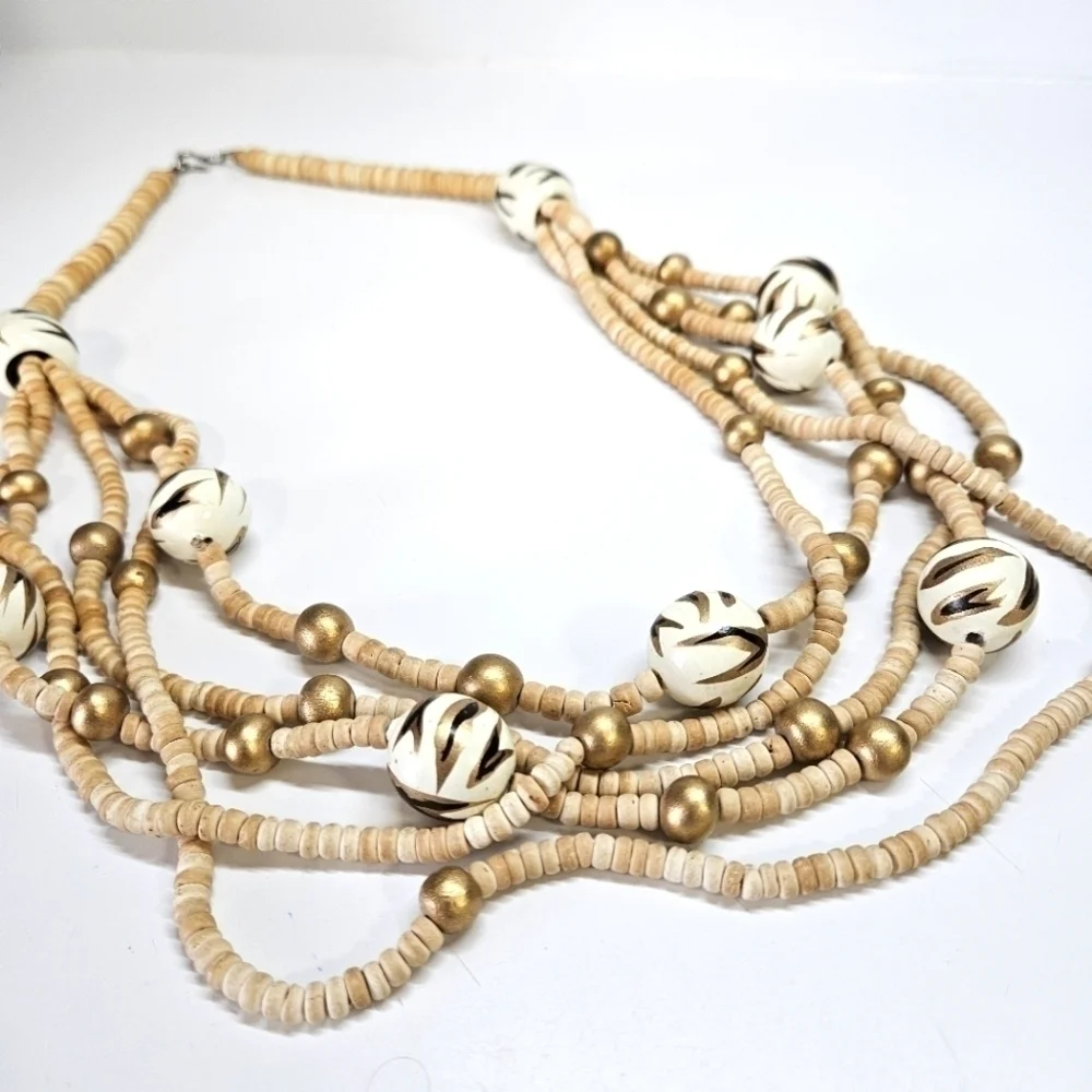 VINTAGE Wooden Animal Print Painted Beaded Statement Necklace